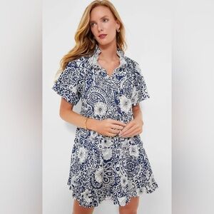 Floral Paisley Navy and White Short Sleeve Mini Dress